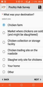 One Health Poultry Hub TRACKING App example survey screen